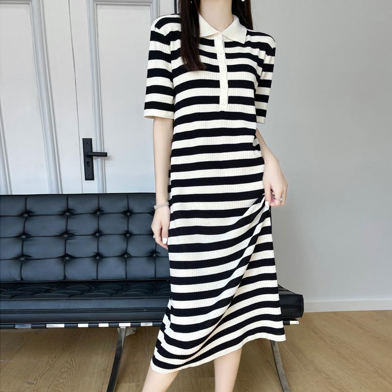 Летнее женское трикотажное платье с воротником-поло, средней длины, свободное повседневное платье в полоску, освежающее, подходящее ко всему
