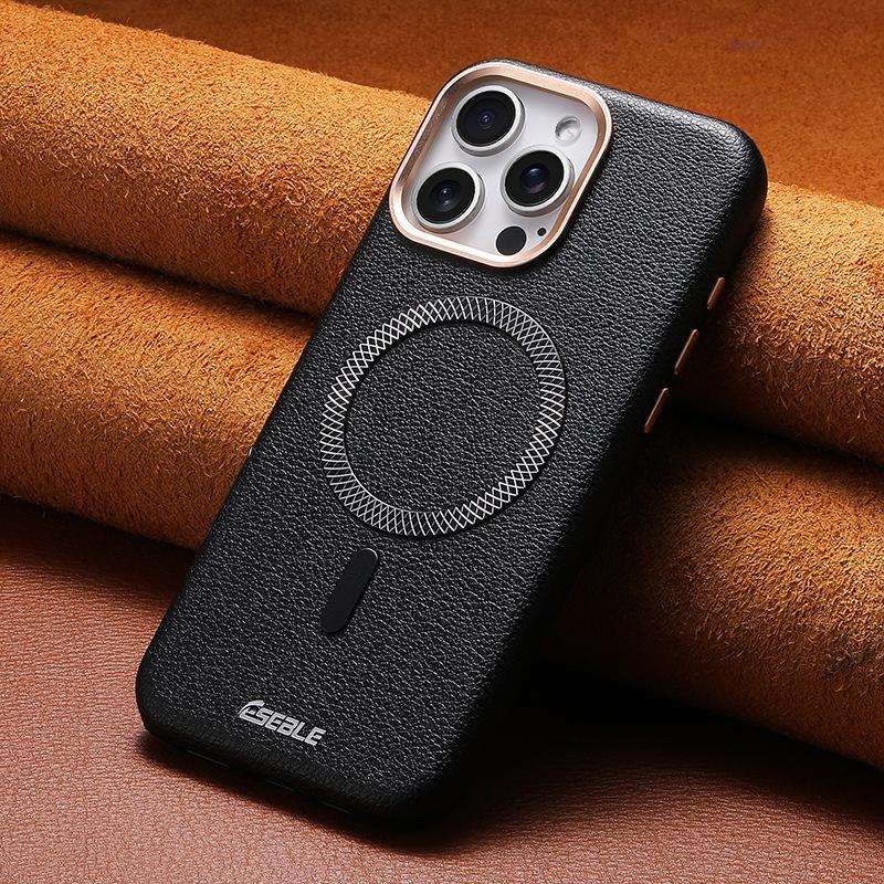 Suitable for Apple 17 Pro Max phone case with lychee pattern magnetic suction, full protection for iPhone 16, anti-drop for 15, electroplated leather