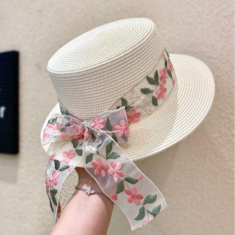 Женская соломенная плетеная шляпа-цилиндр с короткими полями, летняя, кружевная, вышитая, фиолетовая, с плоским верхом, солнцезащитная и защищающая от солнца, соломенная шляпа