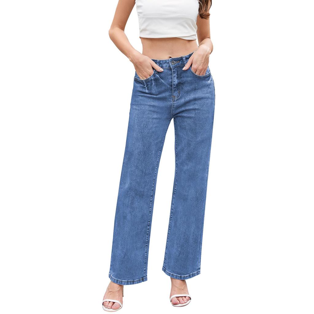 Womens High Waisted Jeans Stretchy Flared Straight Leg Loose Trendy Hem Denim Pants