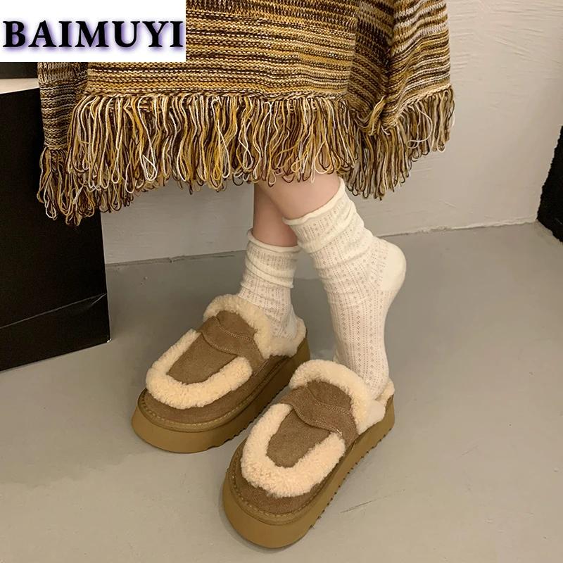 Туфли на плоской подошве из замши и хлопка, женские меховые тапочки, тренд 2025 года, зимние брендовые плюшевые шлепанцы, толстая подошва, пушистые, теплые, зимние, Botas Mujer