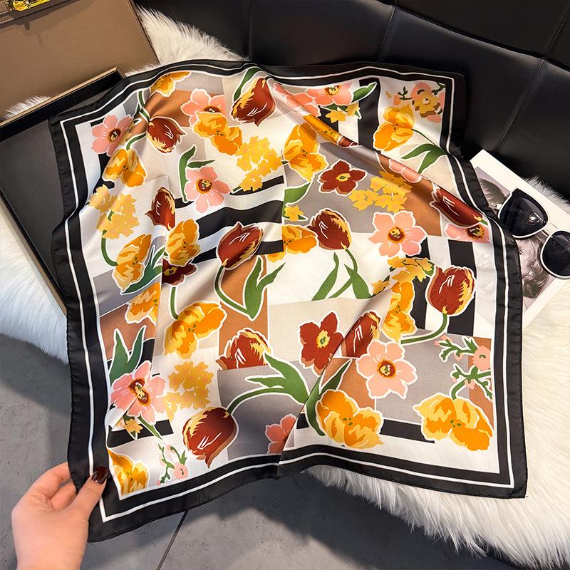 New temperament versatile cotton and linen elegant leaves big flower printing silk scarf scarf headscarf 71 square scarf double-sided