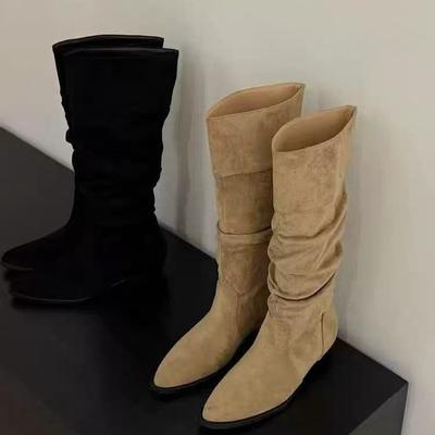 Ботинки рыцаря ботинки на платформе 2025 весна и осень новые квадратный носок толстый каблук плиссированные ботинки ковбойские ботинки вестерн женские длинные ботинки женские