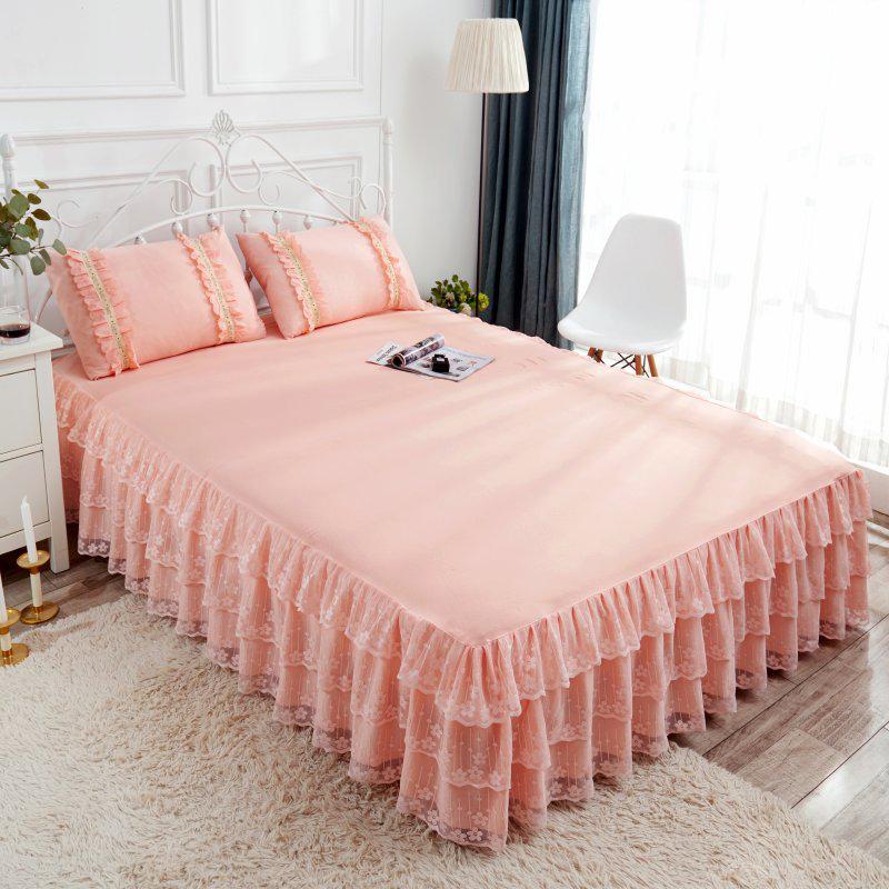 1pc Bed Skirt +2pcs Pillowcase King Queen Size Soft Sanding Fabric Bed Skirt Princess Romance Bedspread