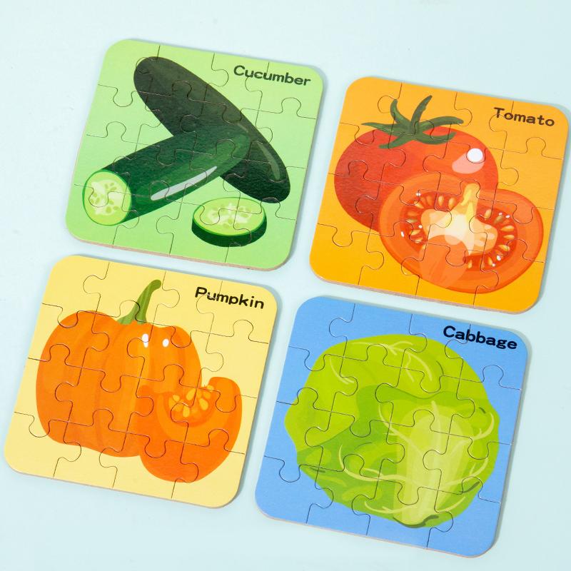 64 Pieces Wooden Puzzle Cartoon Animals Car Fruits Vegetables Pattern Jigsaw Puzzles Game Kids Educational Learning Toys