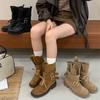 4СМ европейская и американская мода полусапоги в западном стиле 2025 осень и зима новые круглый носок толстая подошва толстый каблук ремешок с пряжкой рыцарские сапоги женские
