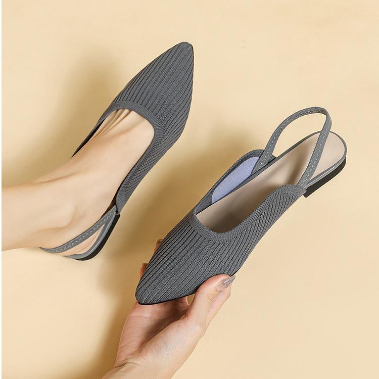 Женские летние туфли большого размера с острым носком и плоской подошвой, повседневные однотонные вязаные сандалии с открытым носком, размер 34-43