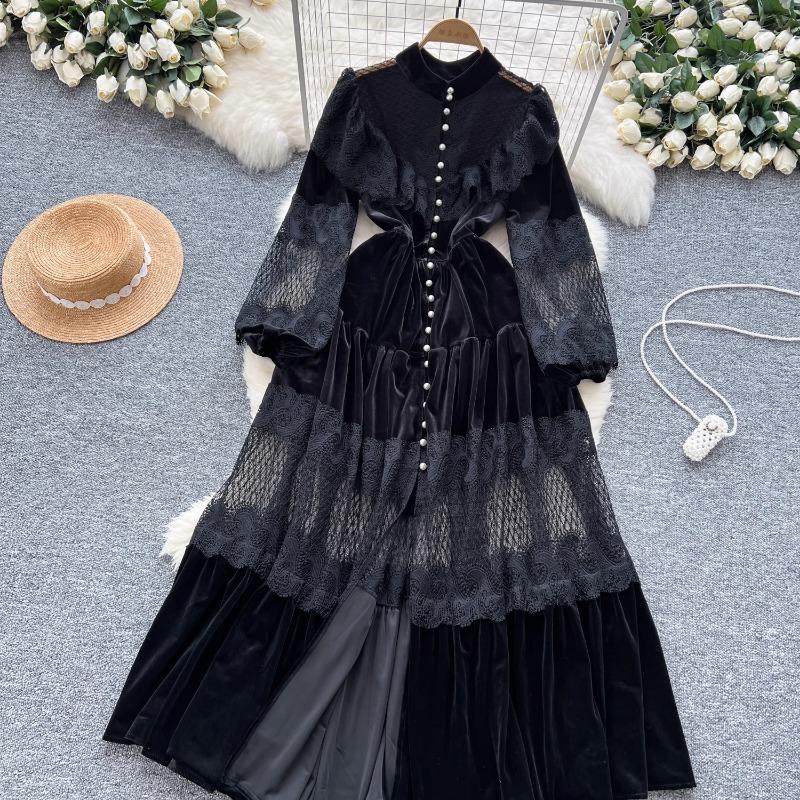 Платья High Street Женские ретро кружевные пэчворк золотые бархатные платья с французской жемчужной пряжкой длиной до талии винтажные шикарные платья