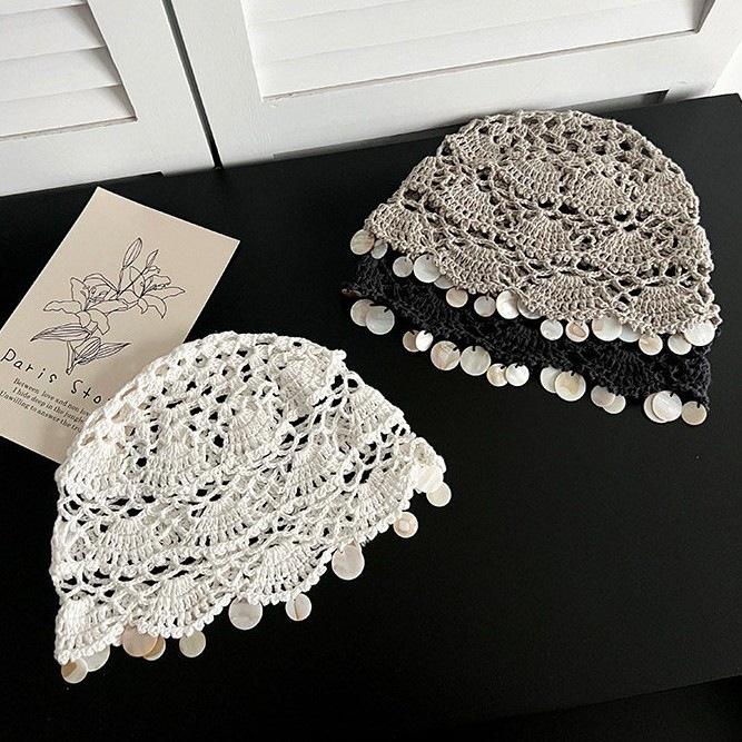 New shell disc fringe hand-woven bag head hat women's spring and summer ethnic style breathable hollow knitted hat