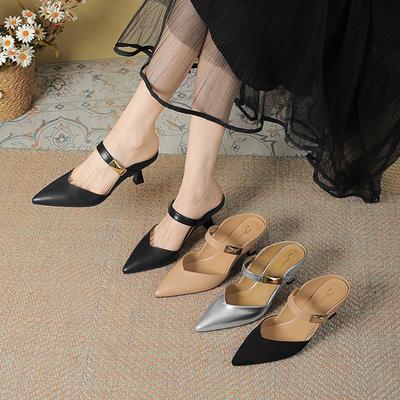 Французские полутапочки с головкой-мешком женские на тонком каблуке лето 2025 новый темперамент элегантная верхняя одежда сандалии с острым носком на высоком каблуке универсальные