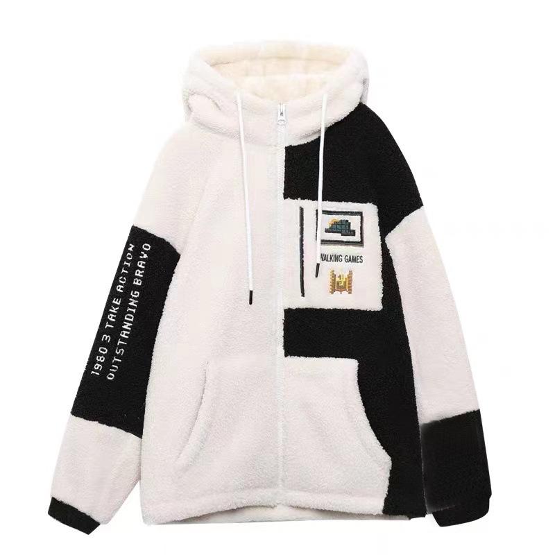 Женское пальто с цветными блоками в стиле пэчворк с плюшевым мишкой, женская повседневная флисовая куртка с капюшоном и длинными рукавами, свободная теплая утолщенная верхняя одежда