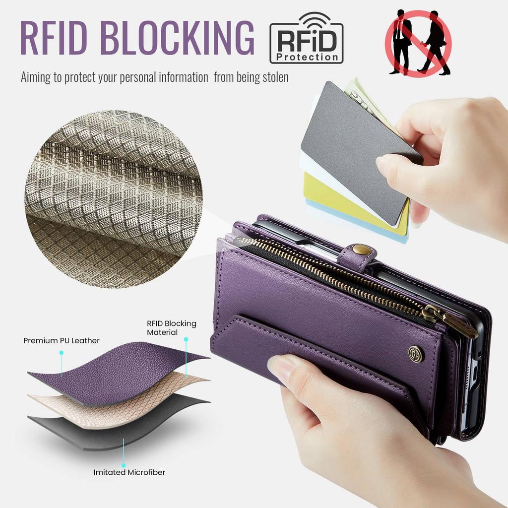 Подходит для чехла Samsung Galaxy Z Fold 7 с держателем для стилуса, кошелек-чехол с RFID-блокировкой, держателем для карт, ремешком на молнии, из ПУ кожи