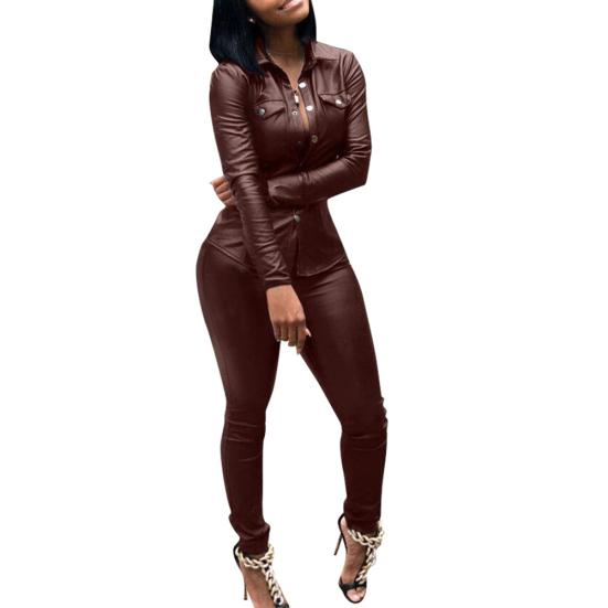 Женская повседневная однотонная рубашка из искусственной кожи с отложным воротником и брюки, комплект из двух предметов