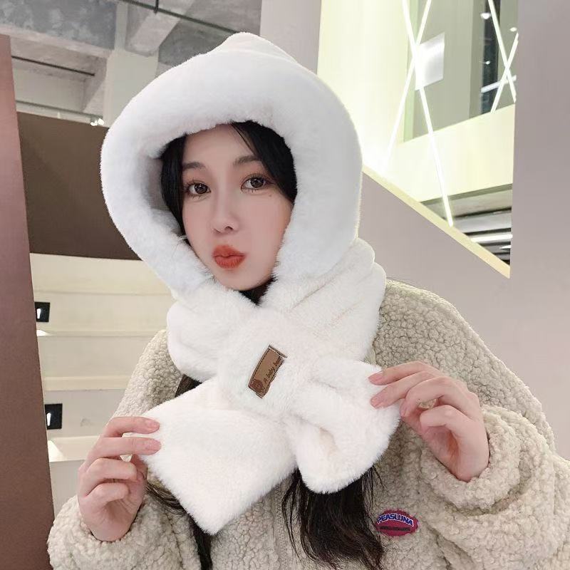 Autumn and winter cute plush scarf thickened integrated scarf hat women's outdoor cycling windproof warm ear hat