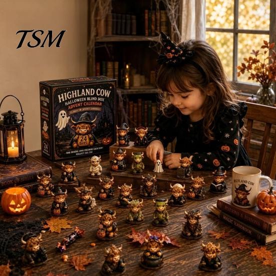 Highland Cow Collectibles Halloween Advent Calendar, 24 Days Countdown Box Mini Figurines with 24Pcs Figurines, Spooky Decorations Cute 3D Dolls