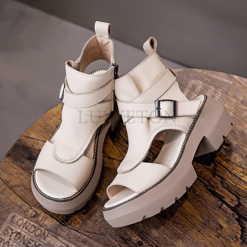 Римские туфли Сандалии с открытым носком на толстой подошве Весна-лето Повседневные сандалии с пряжкой сзади Пустые винтажные сандалии с высоким берцем Босоножки на платформе