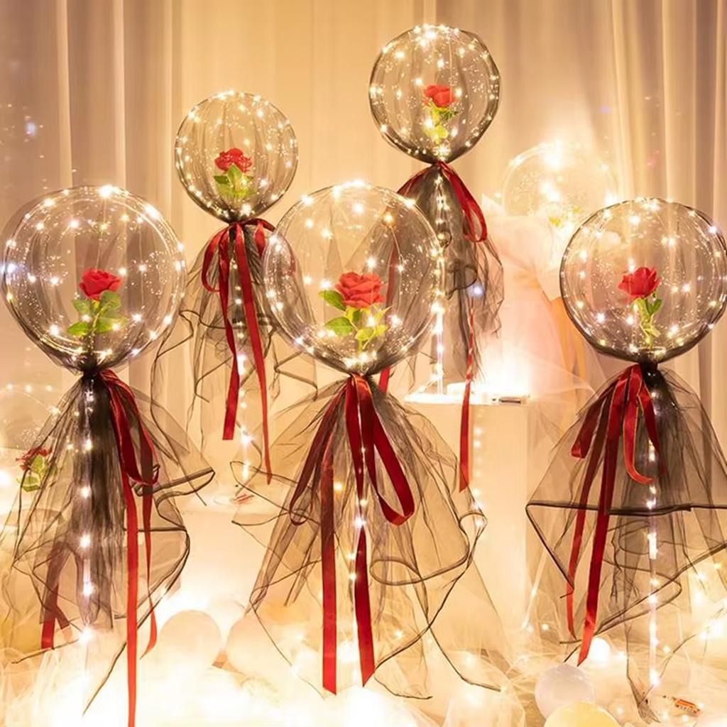 LED light rose bouquet transparent wave balloon, suitable for weddings, anniversaries, birthdays, Valentine's Day, bridal shower