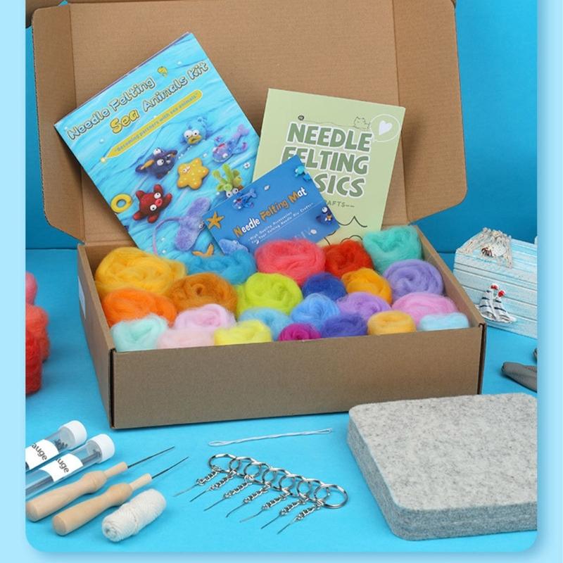 Ocean Animal Needle Wool Felting Tool with Needle Instruction Wool Roving Wood Handle and Finger Cots for Beginner