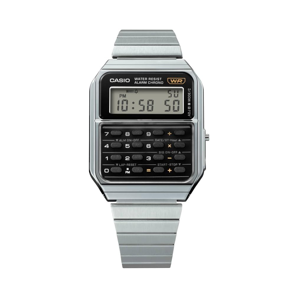 Casio CA500WE-1A Часы-калькулятор Серебристый ремешок Унисекс Большой черный циферблат 43,2×34,4×8,2 мм Классические
