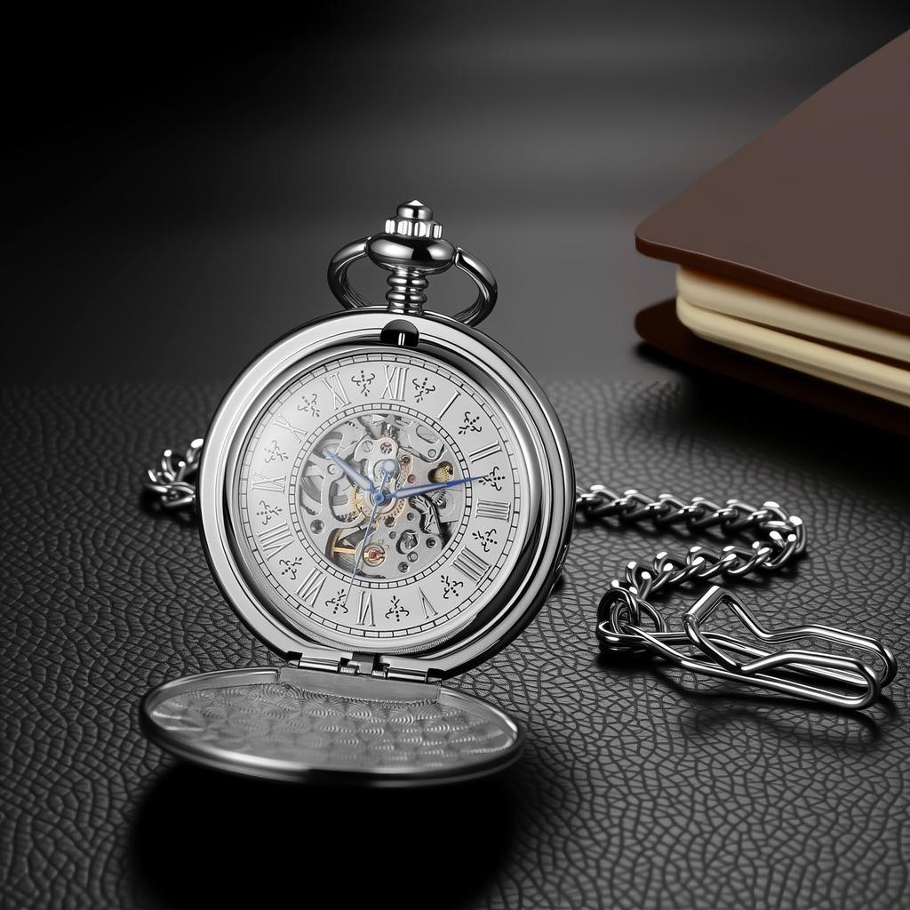 Pocket Antique Steam Locomotive Roman Analog Display Pocket Pendant Watch with Silver Perfect for Formal and Railway Watch, Hand-Winding Mechanical,