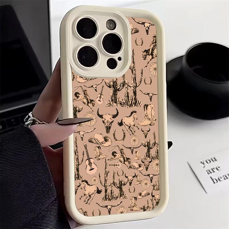 Western Graffiti Brown Silicone Soft Case For iPhone 13 14 Pro Max 11 12 15 16 Plus SE2022 7 8 X XS XR Shockproof Candy Cover