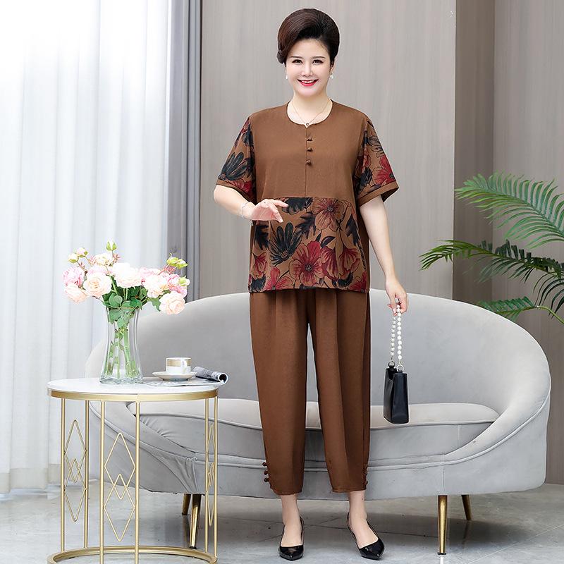 Летний комплект больших размеров с коротким рукавом для женщин среднего и пожилого возраста - Свободный облегающий костюм-двойка