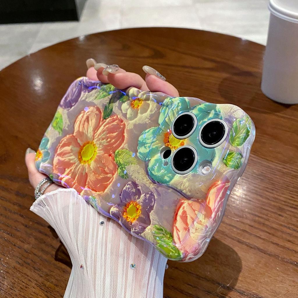 Twist oil painting purple flower mobile phone case for Apple 16PRO fine hole anti-drop 15/14 flower protective case