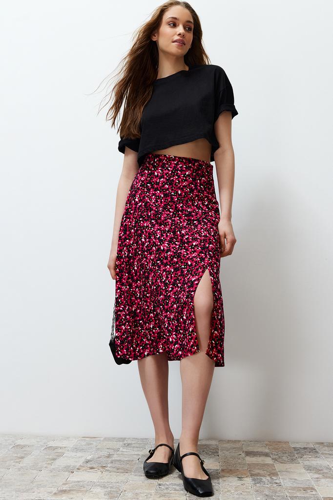 Women's Fashion Purple Printed High Waist Midi Stretchy Knitted Skirt with Gather Detail and Flounce