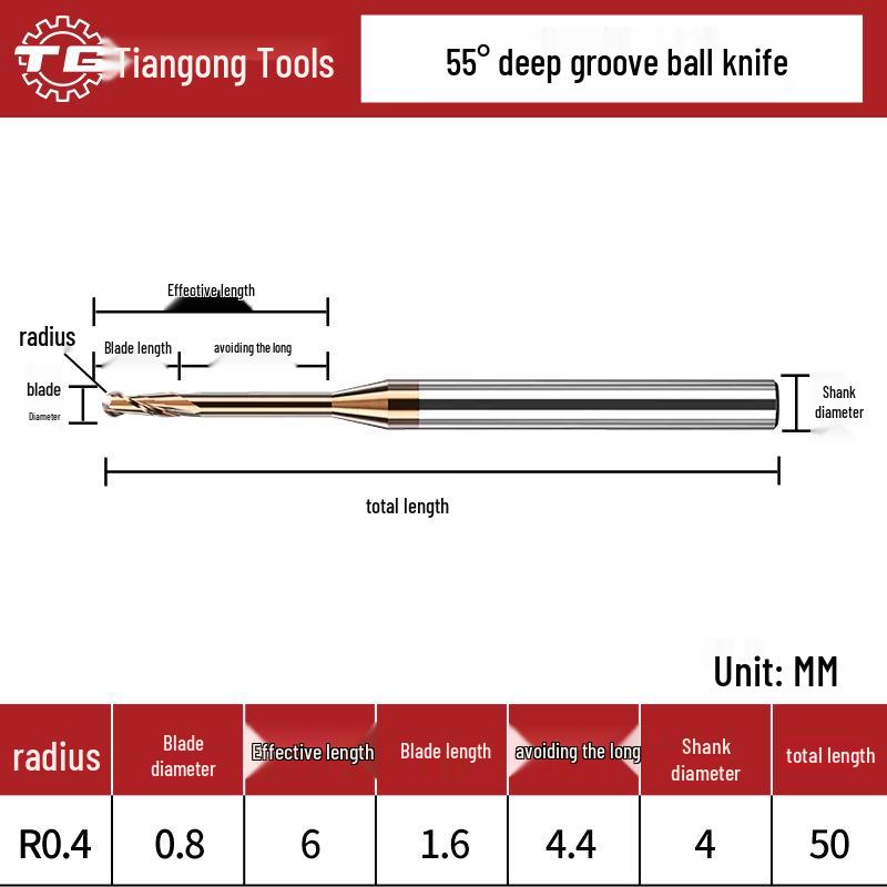 Tiangong Вольфрамовая сталь R0.5 Концевая фреза со сферическим концом 0.75 Сплавная шейка, 2 режущие кромки, 55° с покрытием, Удлиненная для глубоких пазов 1, 1.25