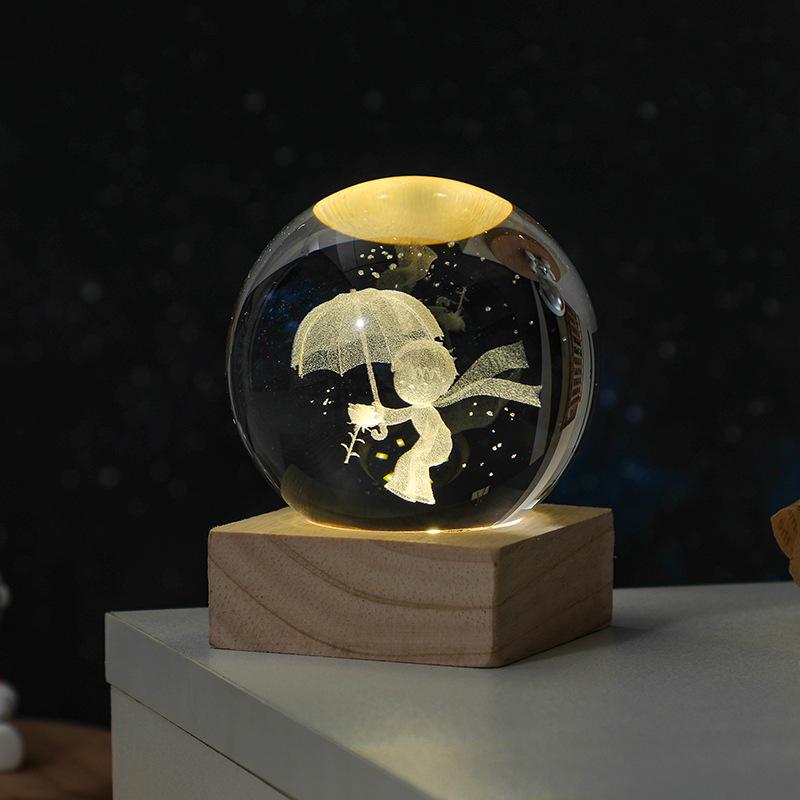 3D Solar System Crystal Ball Night Light with Wooden Base - Luminous Desktop Home Decor & Birthday Gift