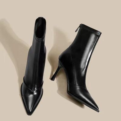 Женские кожаные сапоги на высоком каблуке 2024 года, новые зимние теплые ботильоны с острым носком, женская удобная сексуальная обувь для женщин