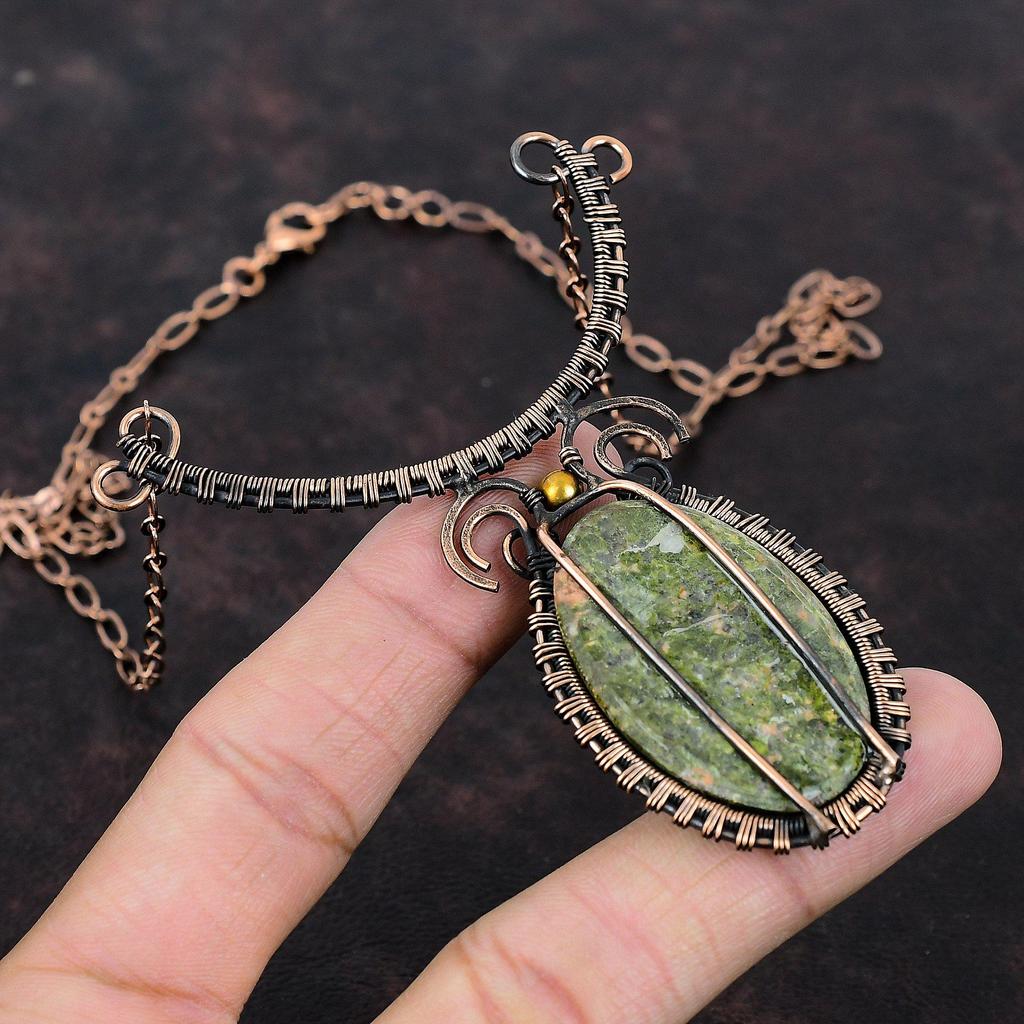 Ожерелье из драгоценных камней унакит, обернутое медной проволокой, регулируемое медное ожерелье, ювелирные изделия ручной работы, ожерелье из проволоки, специальный женский подарок