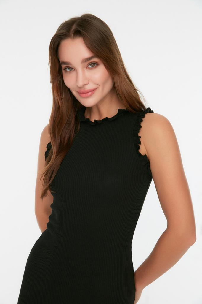 Women's Style Dress Mink Ruffle Detailed Ribbed Bodycone Fitted Midi Smart Flexible Knitted Pencil Dress