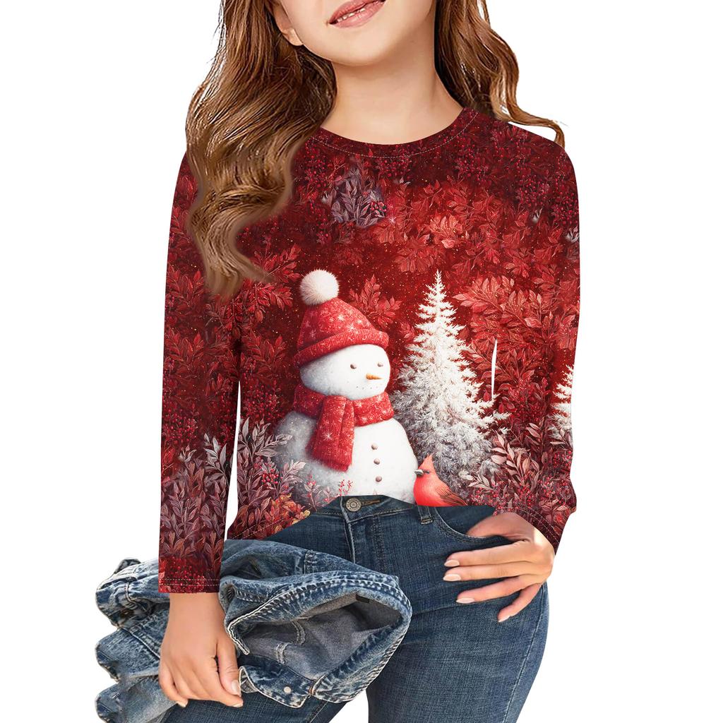 Рождественские футболки с длинным рукавом для девочек, детские осенние топы с круглым вырезом и принтом, базовые футболки
