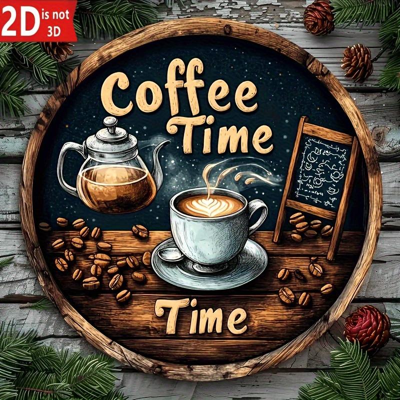 pc Vintage Coffee Tea Time Metal Wall Decor Rustic Farmhouse Cafe Sign with Coffee Beans Steam CupRound Dark