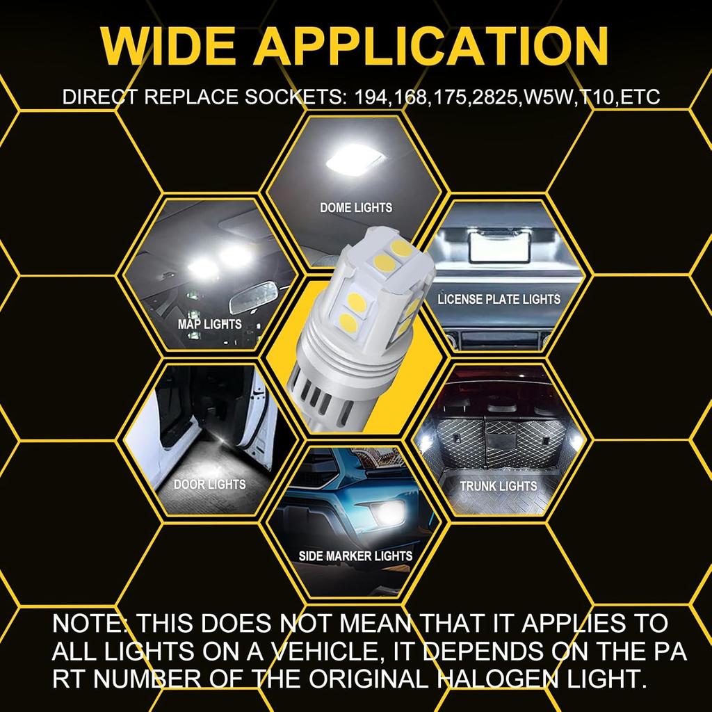 194 Led Bulb, 10 SMD 3030 Lamp Beads, 168,175,T10, 2825, W5W Replacement Bulbs, Suitable for License Plate Bulb, Interior Lights, Map Lights,