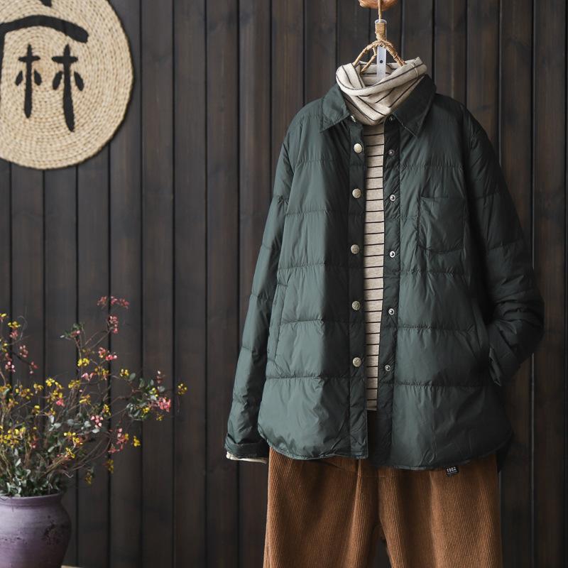 Литературный однотонный воротник рубашки легкий пуховик рубашка женская осень и зима 2024 новый белый утиный пух модный пуховик