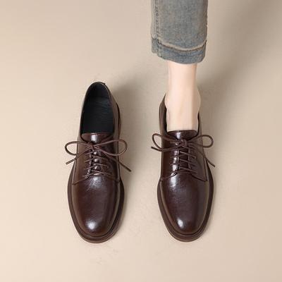 2025 Женские туфли-лодочки Весна Осень На шнуровке Круглый носок Удобные Лаконичные Натуральная кожа Лоферы Обувь Женская Рабочая Повседневная обувь