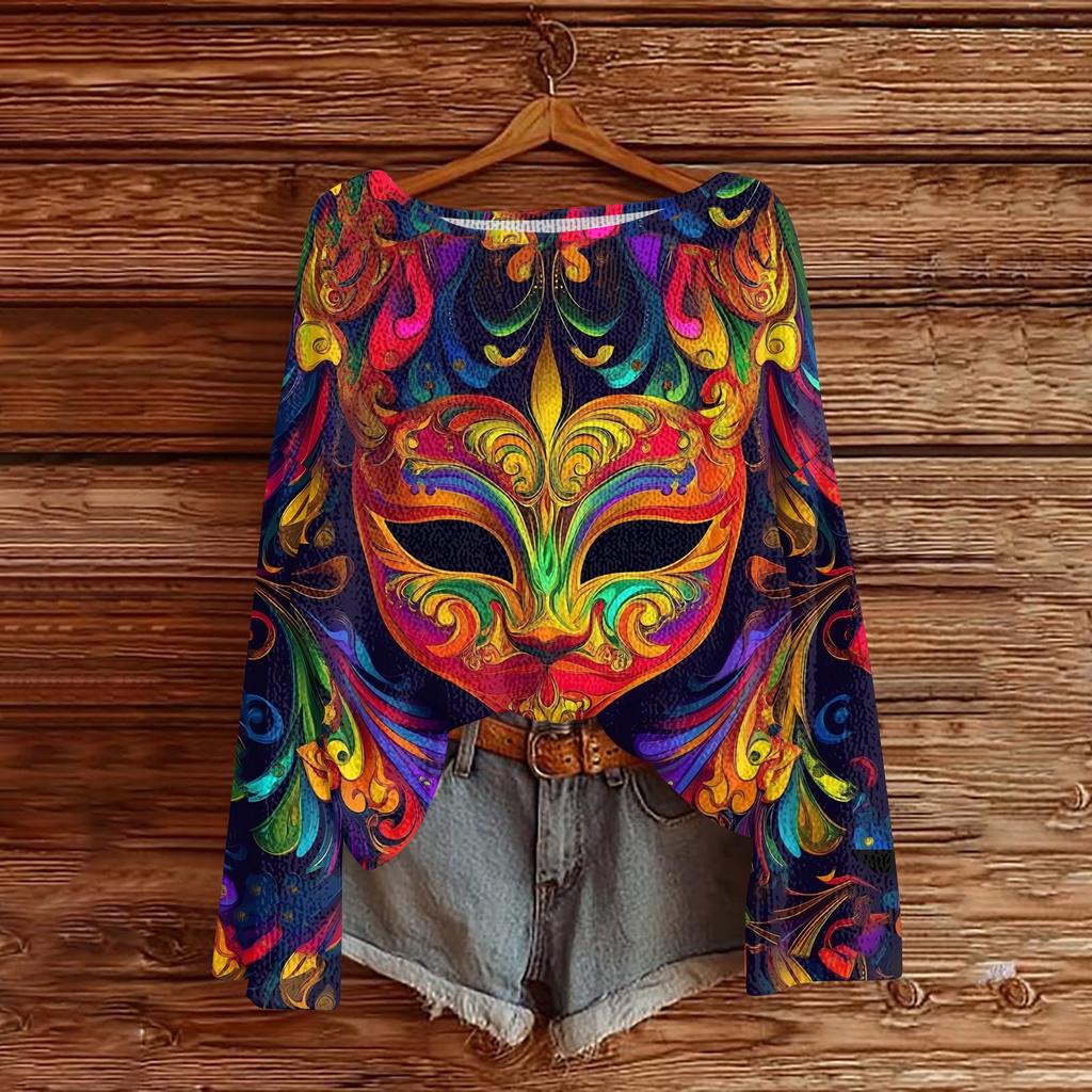 Женский повседневный модный топ с круглым вырезом, с карнавальным принтом, с длинным рукавом, вязаный пуловер