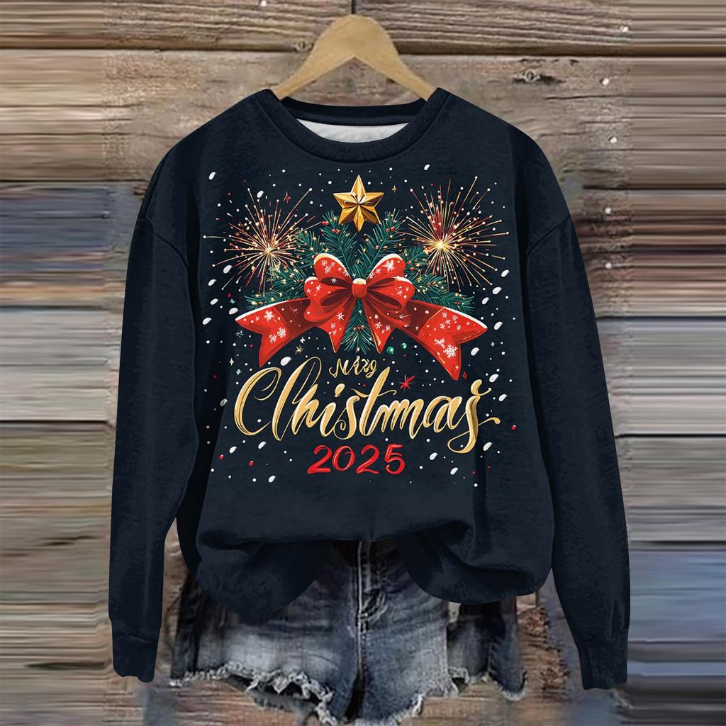 Женская мода круглый вырез пуловер длинный рукав футболка рождественский принт топ