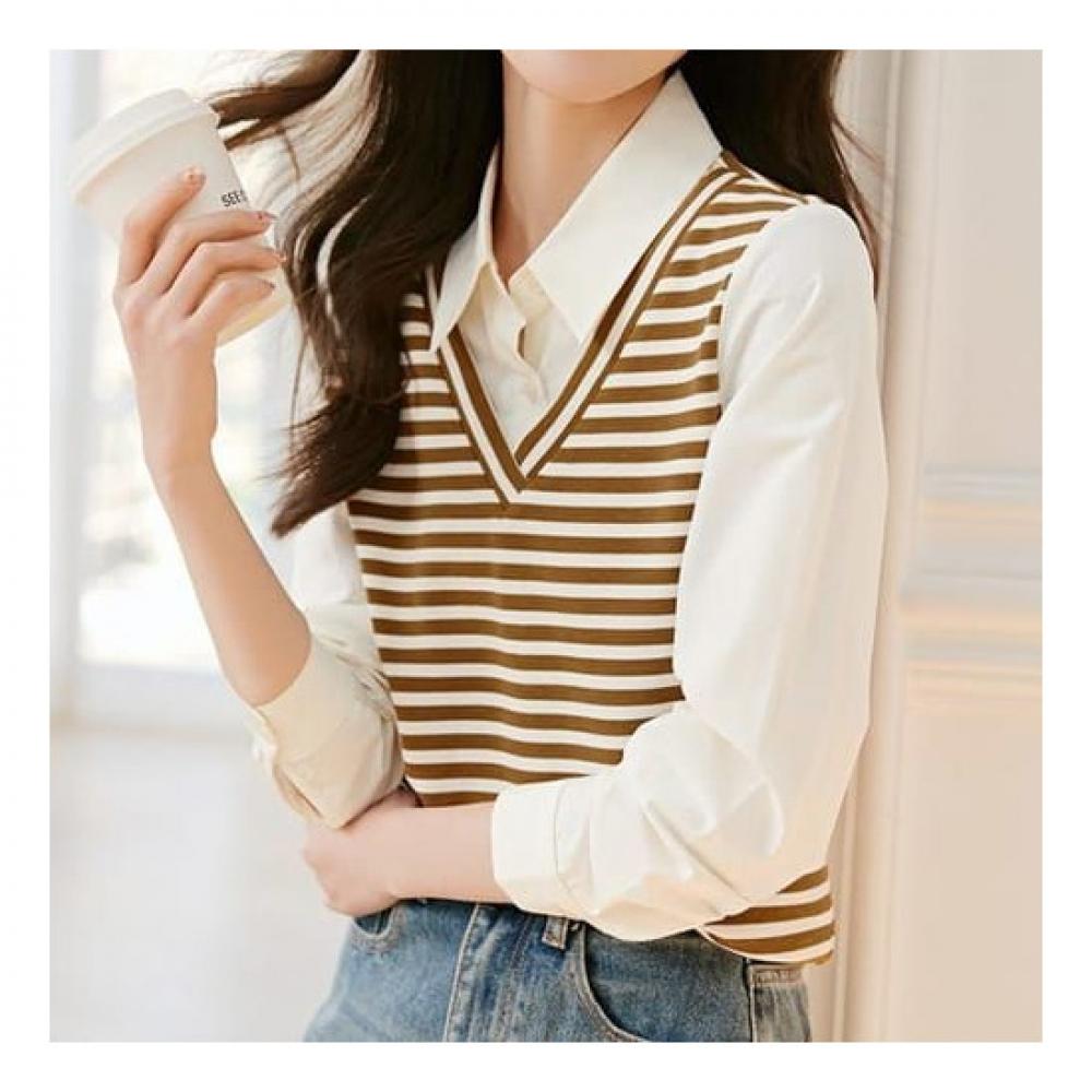 Navava Casual Two In One Stripe Long Sleeve Collar Shirt Nb1940