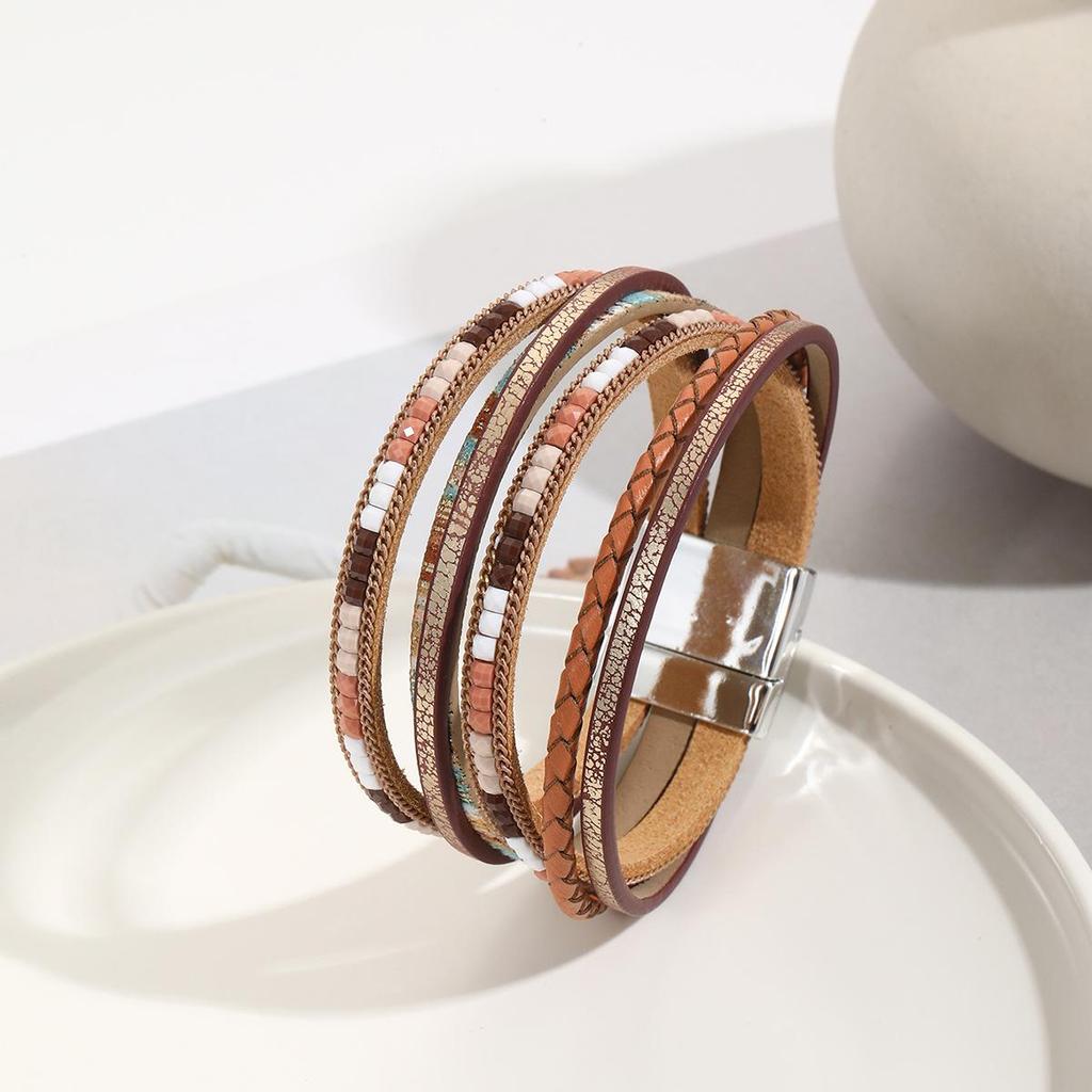 Bohemian Multi-layer Leather Wrap Bracelet with Magnetic Buckle for Women