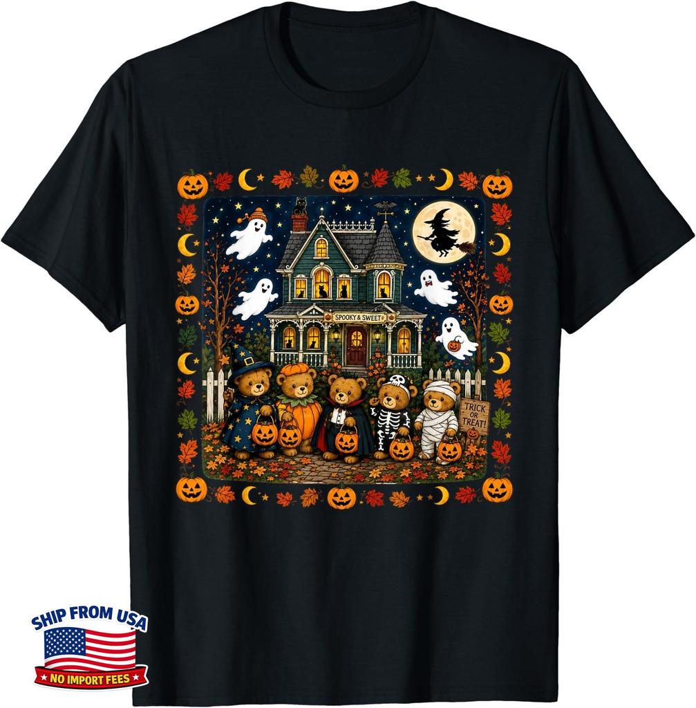 Cute Halloween Teddy Bears House Scene T-Shirt