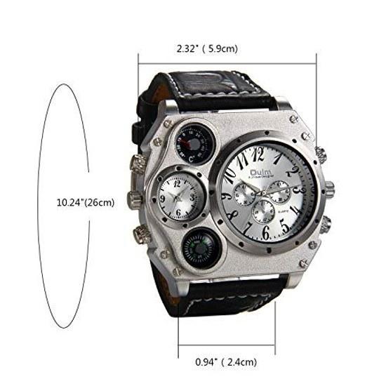 JewelryWe Fashion Mens Multifunctional Watch Numeric Dial Analog Display Leather Band Sports Compass Thermometer Function Silver Black