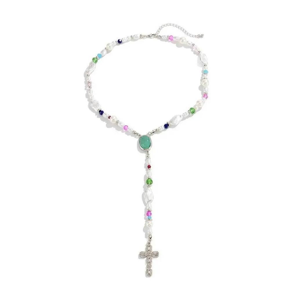 SHIXIN Hiphop Punk Jesus Cross Pendant Necklace for Men Simple Inlay Acrylic Crystal Y Shape Clavicle Chain Party Jewelry Gifts