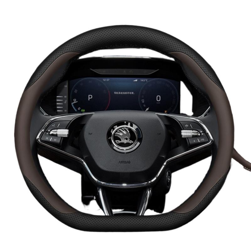 AAABP1 Leather Car Steering Wheel Cover for Skoda Karoq Enyaq Superb Enyaq Kodiaq Scala Fabia Octavia 2024 2025 2026 Accessories