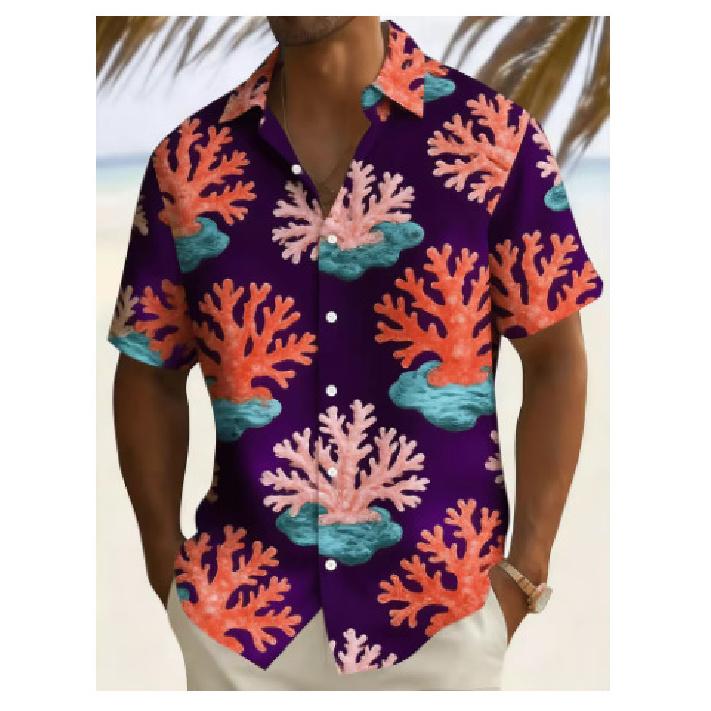 2026 Men's Casual Leopard and Palm Leaf Short Sleeve Hawaiian Style Beach and Everyday Shirt