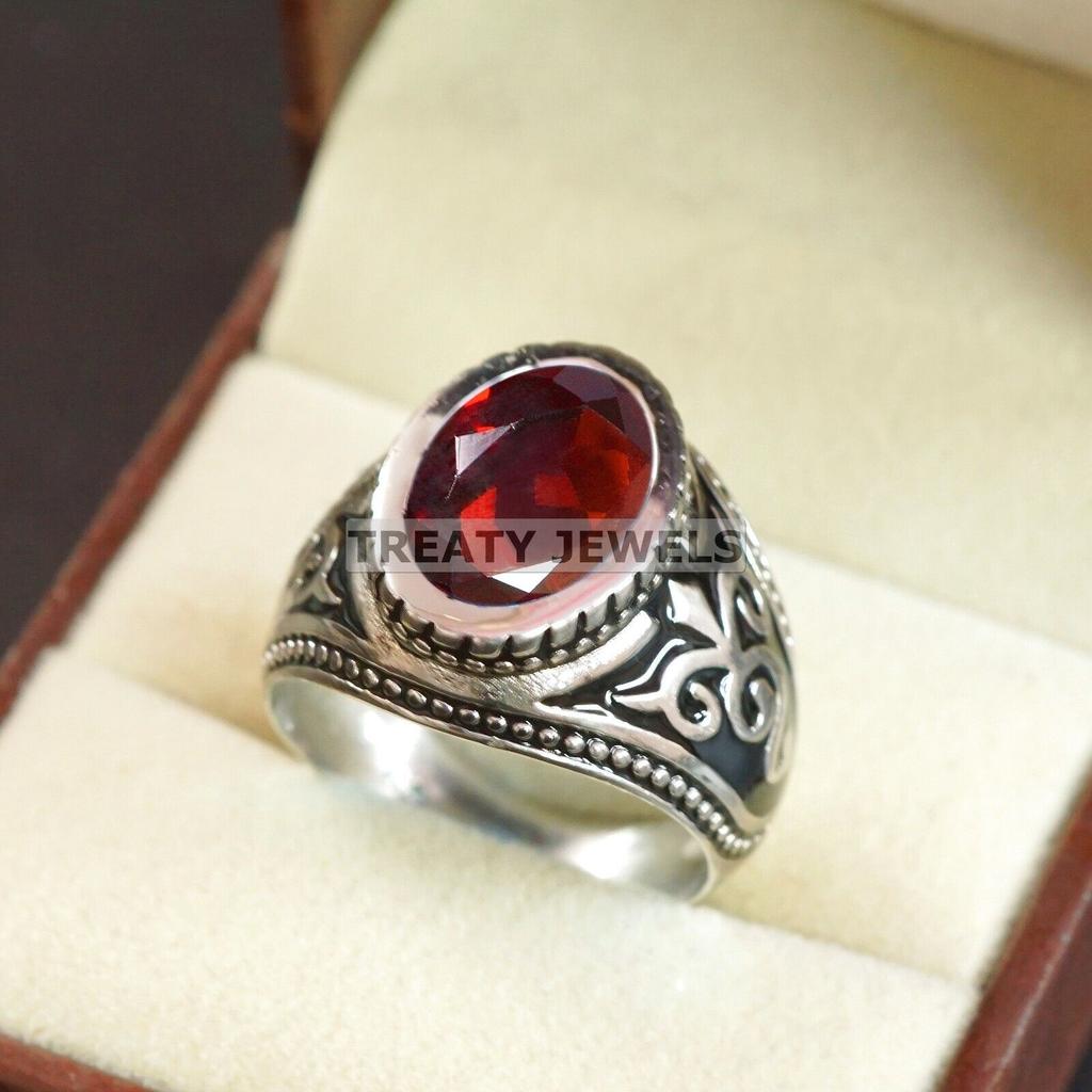 Garnet Oval Cut Gemstone With 925 Sterling Silver Ring For Men's #B88 JL375671415355