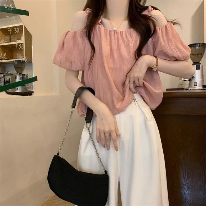Pink Short Sleeve Shirt Women's Summer Design Premium French Short Clavicle Shoulder Bubble Sleeve Chic Top