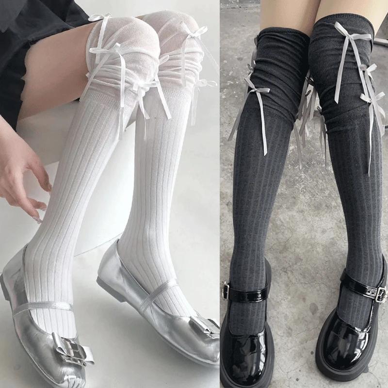 Lolita Long Socks Women Bandage Ribbon Bow Sweet Girls Kawaii Sexy Middle Tube Socks Ballet Style Solid Color Black White Socks
